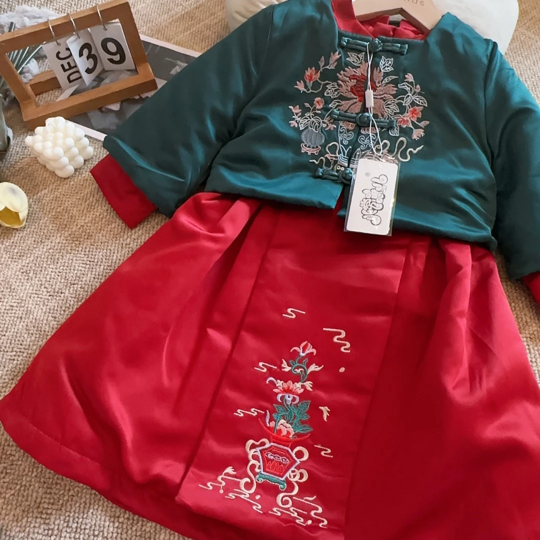 HHkids女童拜年服冬季汉服加厚中国风冬款儿童唐装两件套BTZ535