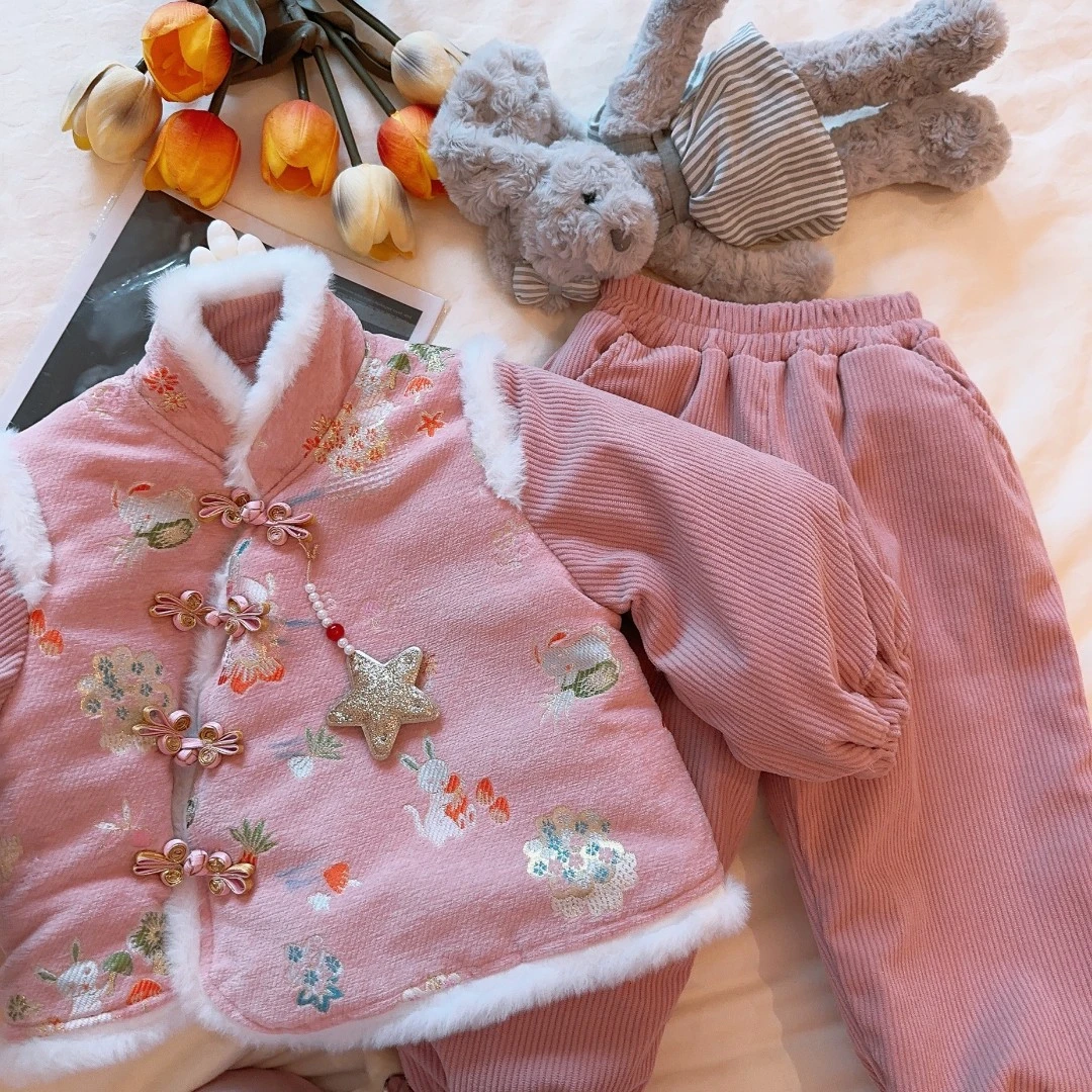 hhkids女童套装冬装2023新洋气儿童衣服加绒国风唐装两件套BTZ624