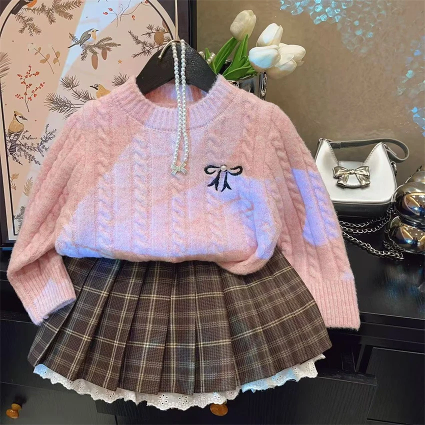 HHkids女童秋冬装毛衣针织衫外套百褶短裙套装儿童韩两件套DTZ403