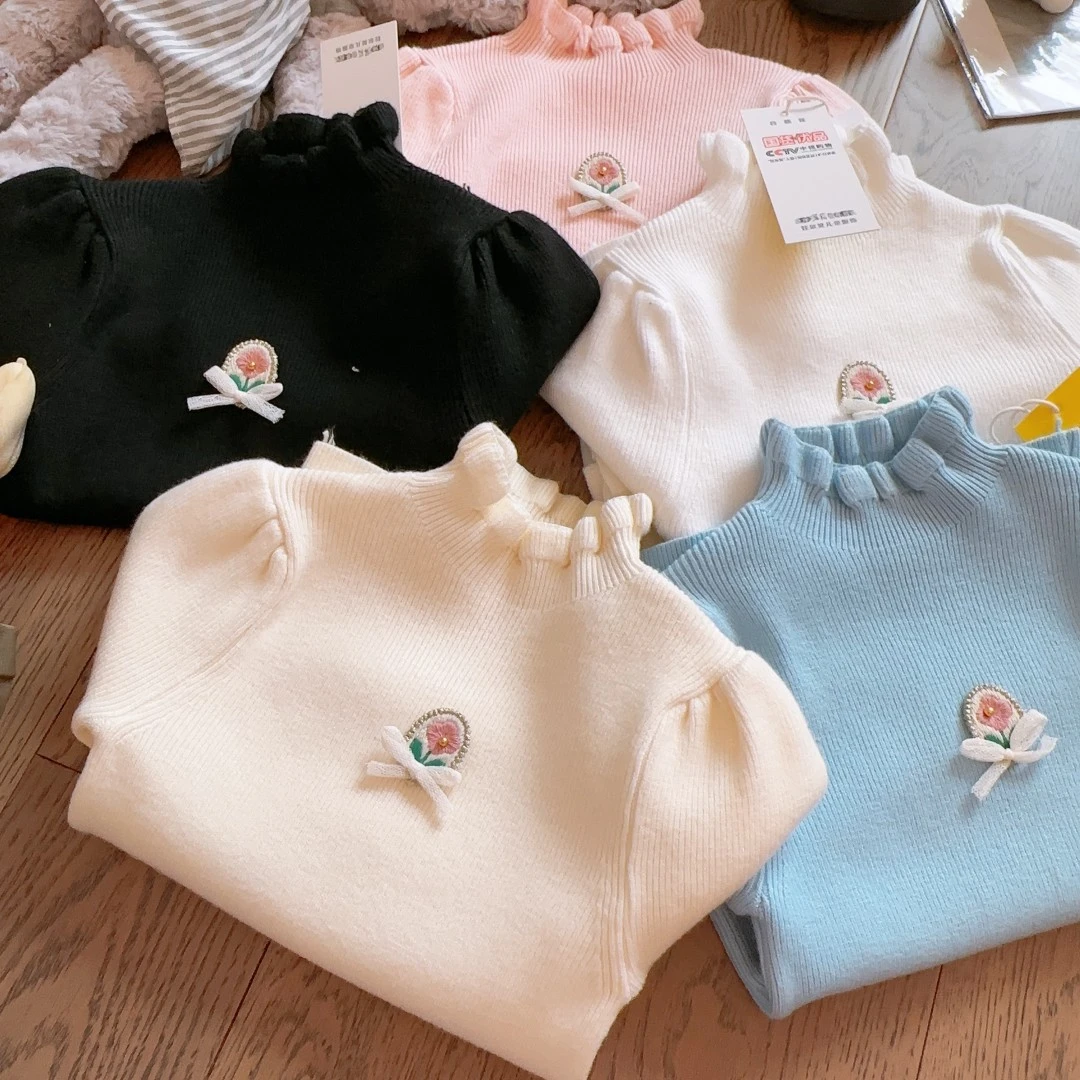 HHkids女童毛衣打底衫秋装女孩套头毛线衣刺绣花边领针织衫BCT320
