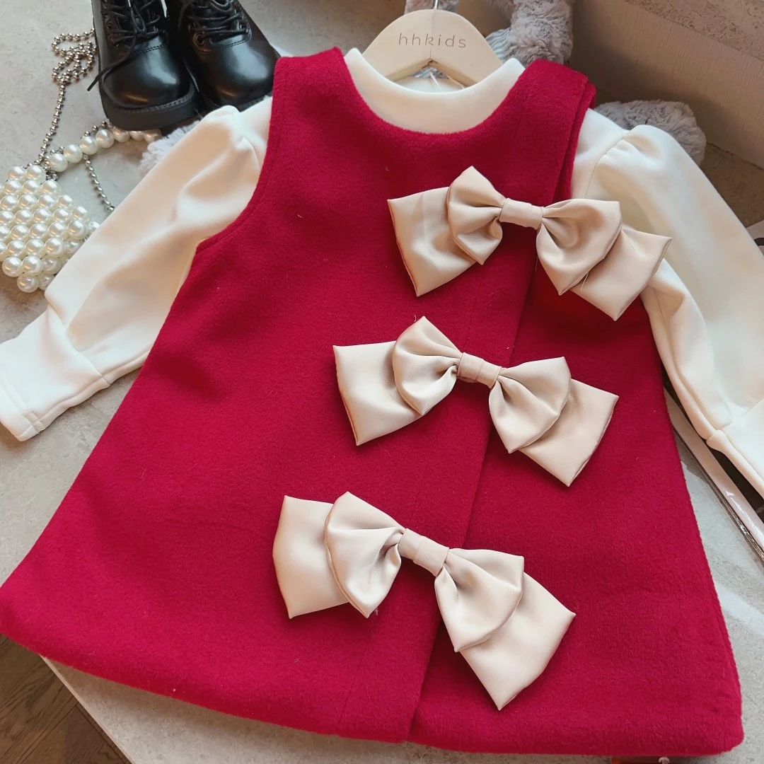 HHkids女童连衣裙秋冬儿童公主裙生日礼服蝴蝶结打底衫套装DQZ620