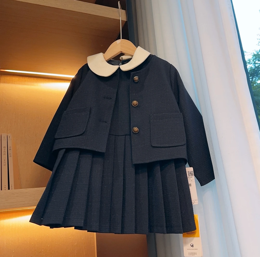 HHkids韩版女童复古套装洋气2024秋西装料外套百褶裙两件套CTZ369