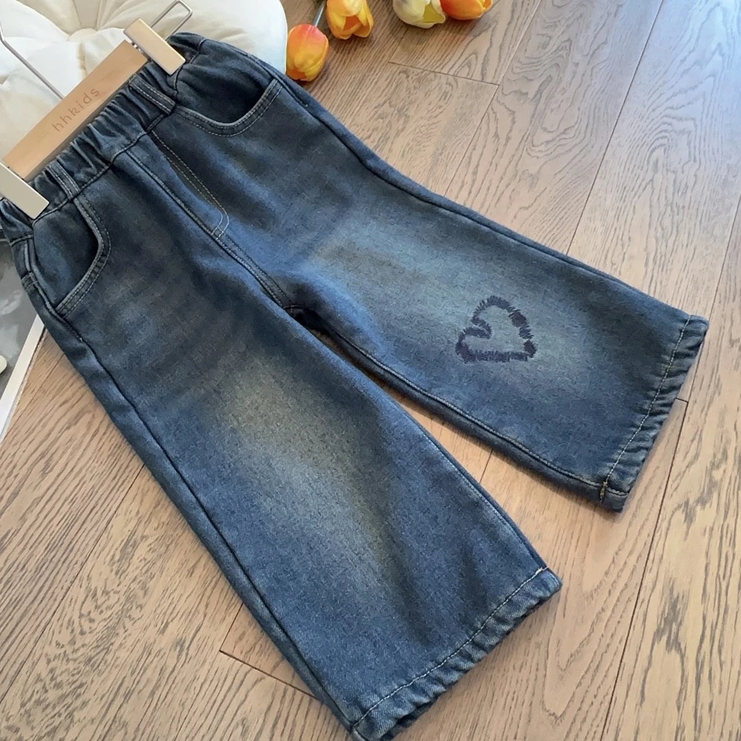 HHkids儿童女童水洗牛仔裤2023冬新款宝宝爱心刺绣加绒裤子EKZ525