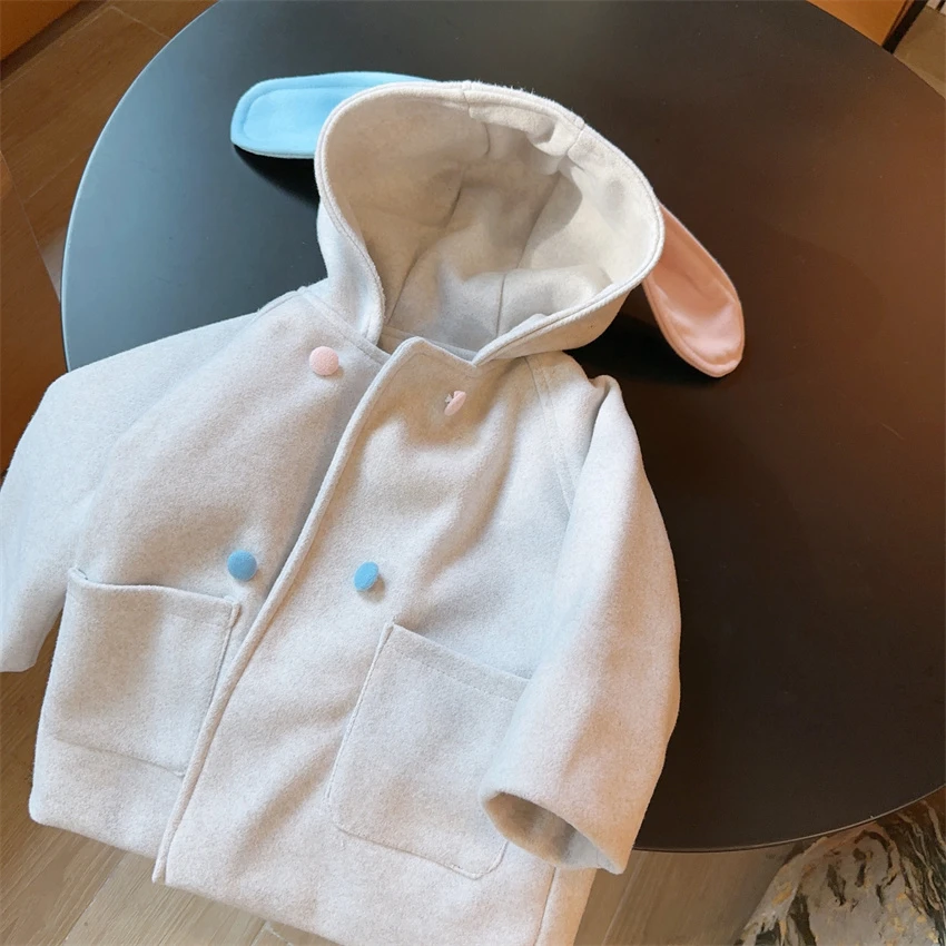 HHkids女童毛呢大衣秋冬2024新款儿童兔耳朵上衣韩版外套HWT324