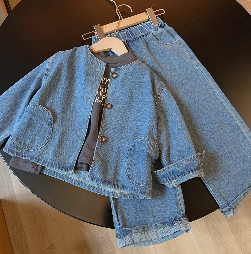 HHkids女童水洗牛仔套装女宝秋2024时尚外套上衣裤子两件套CTZ532