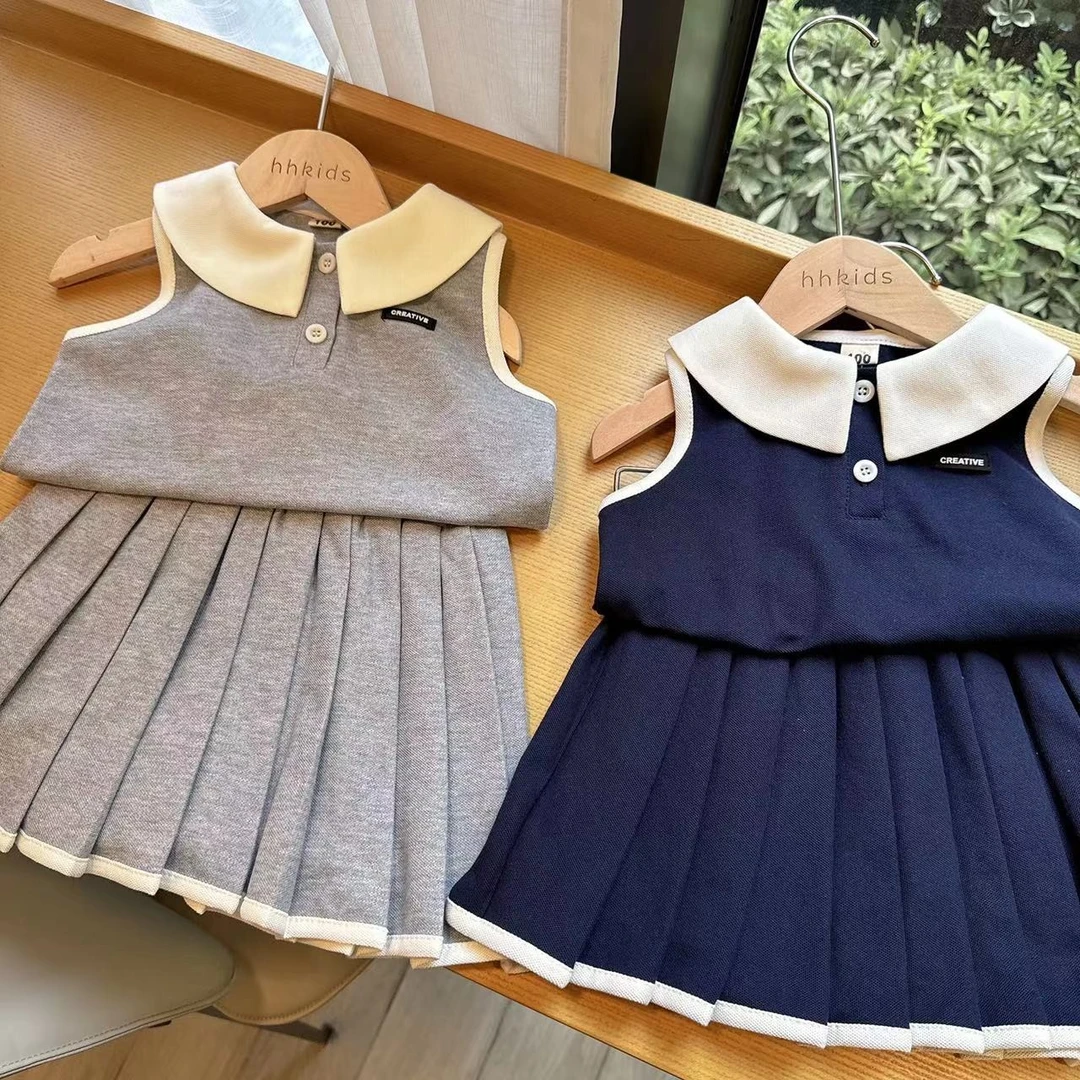 HHkids女童无袖背心套装夏季2024夏季女宝气质百褶裙两件套ETZ365
