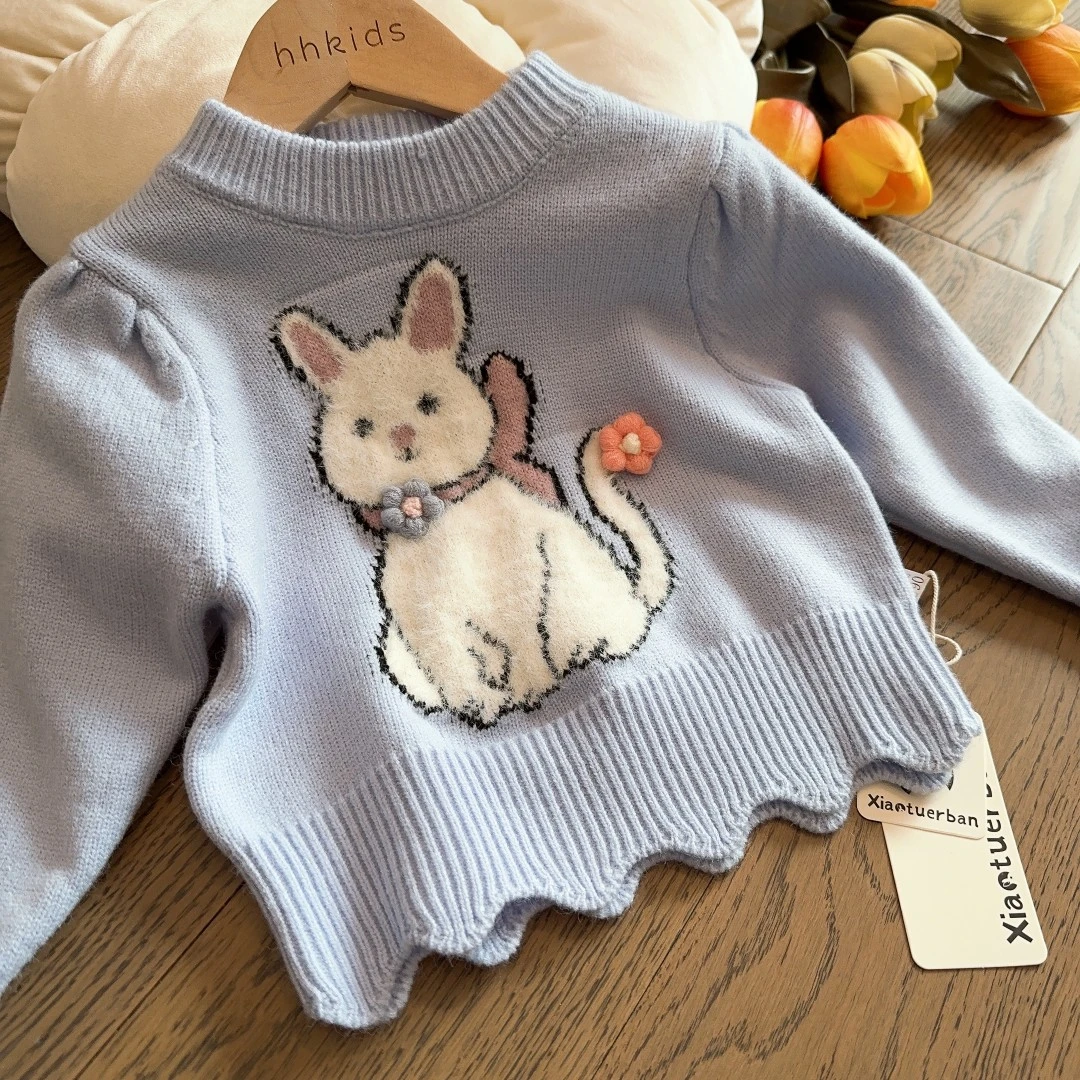 HHkids女童套头毛衣儿童中小童冬宝宝卡通小兔加厚针织上衣GMM309