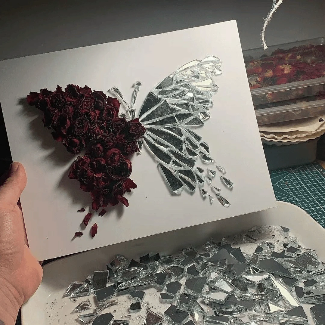 diy手工破碎镜子蝴蝶玫瑰相框摆件材料包自制情侣生日送女友礼物