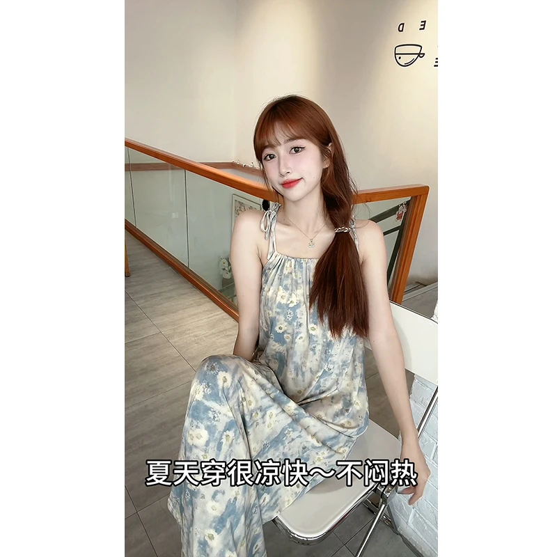 带胸垫中长款吊带睡裙女碎花夏季睡衣夏天甜美可爱家居服显瘦气质