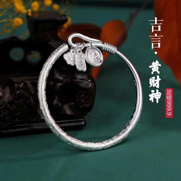 足银手镯 9999足银圆棍黄财神吉言银手镯纯手工复古实心时尚精美.