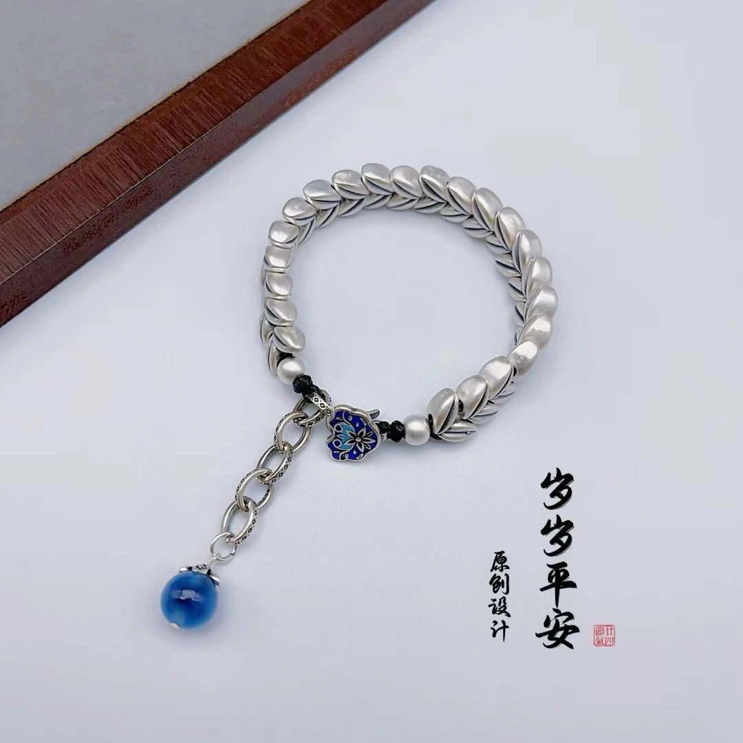 足银手链 999纯银麦穗银手串手工编织手链女复古素款百搭小众饰品
