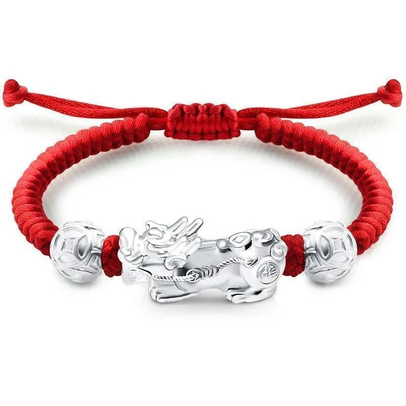 足银手链 999纯银貔貅手链复古手工编绳情侣手链红黑宝宝时尚素款