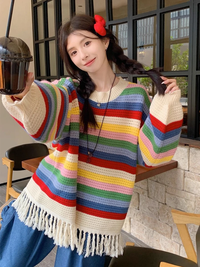 胖MM多巴胺彩虹条纹流苏超好看针织毛衣女秋冬小众别致独特上衣服