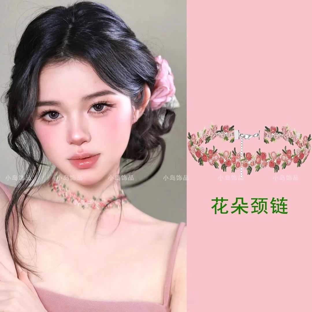 唐顿玫瑰花朵项链choker项圈锁骨链颈带女超仙森系粉色ins风颈链