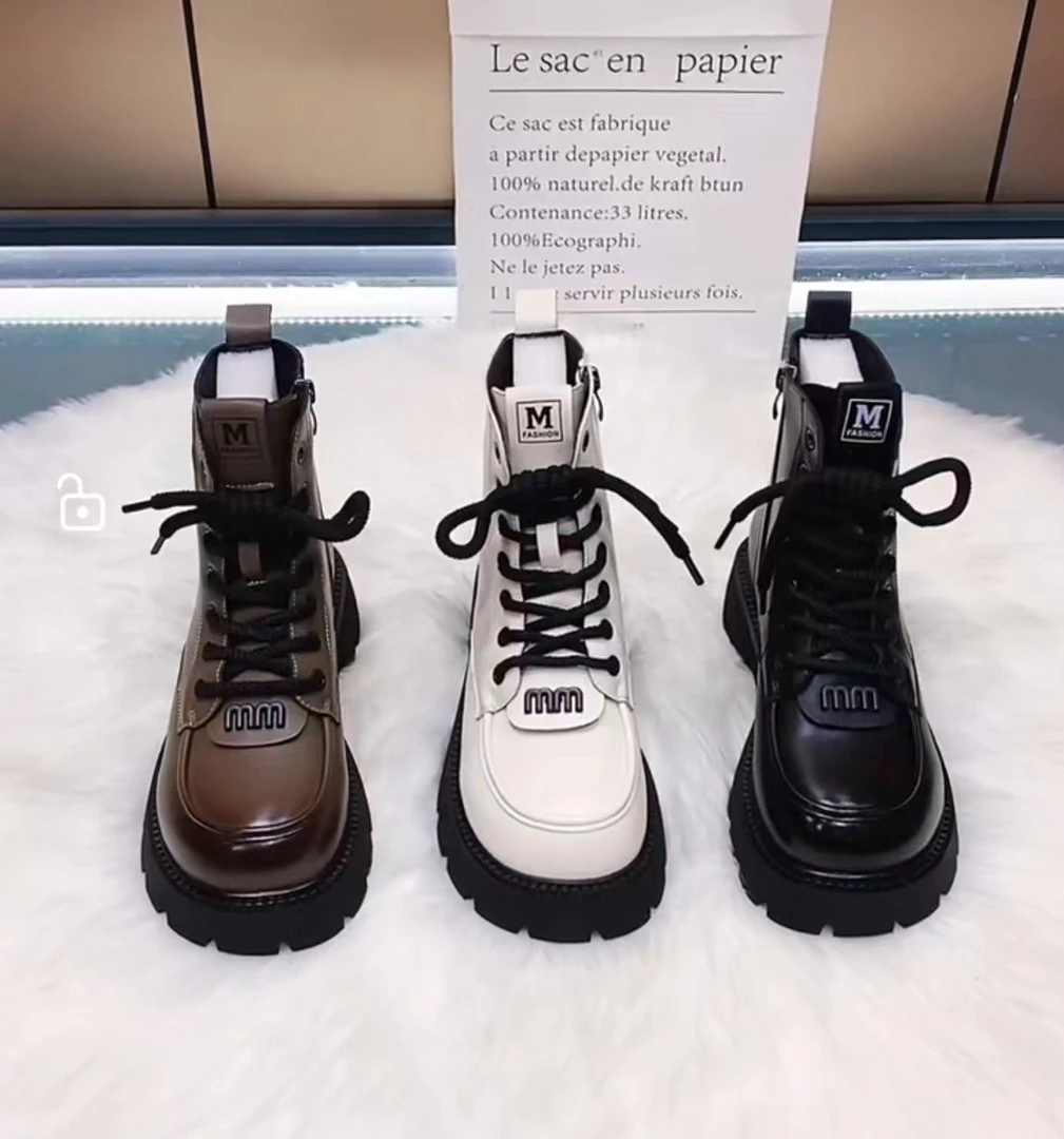 靴子时尚百搭马丁靴厚底英伦风牛皮秋冬系带女鞋休闲真皮加绒冬季