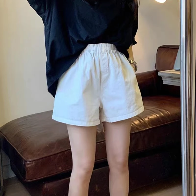 三分短裤女夏季薄款松紧腰宽松小个子a字显瘦休闲阔腿裤ins潮白色