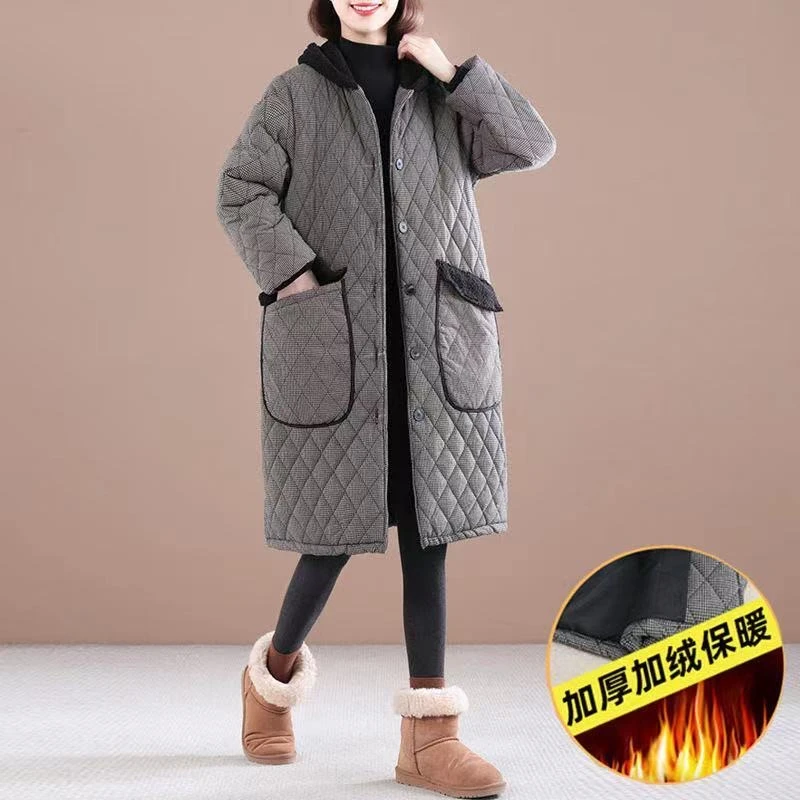 加绒冬季新款韩版大码棉服碎花夹棉宽松保暖连帽棉衣女中长款罩衣