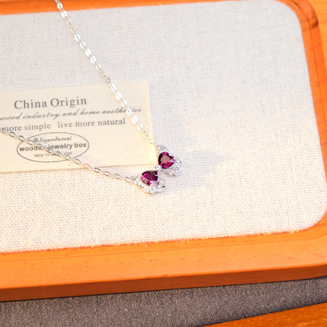 蝴蝶结*天然石榴石极简可爱ins风小众轻奢项链s925银