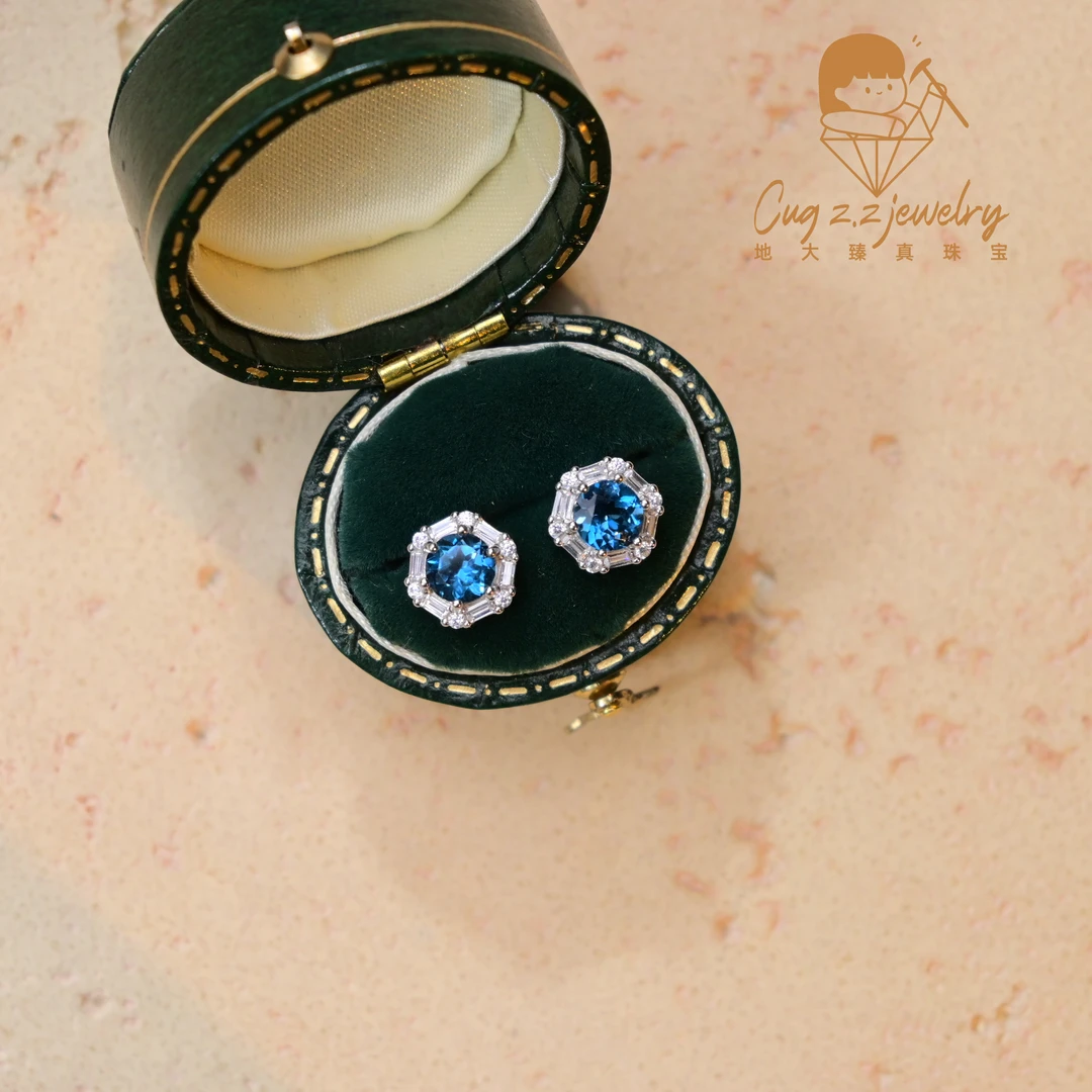 伦敦蓝托帕石耳饰简约气质温柔蓝色宝石耳钉s925银