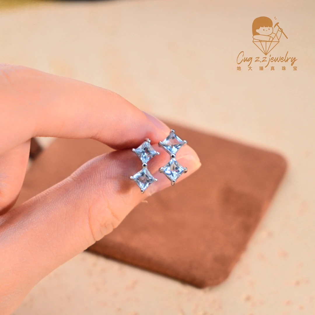 天然海蓝宝耳饰极简双石款气质温柔清冷礼物s925银