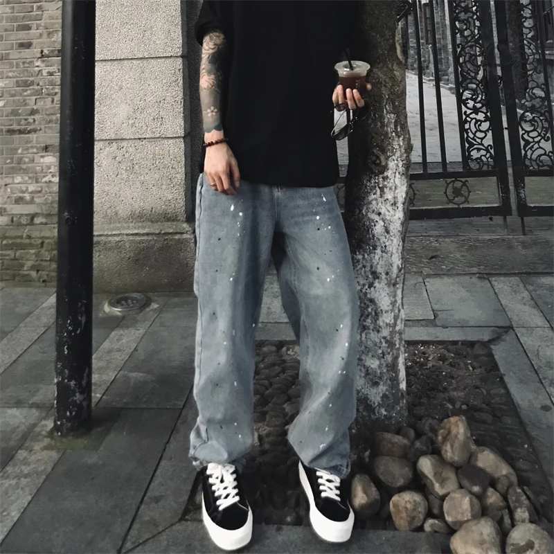 RENQUAN 美式复古泼墨水洗牛仔裤男女同款宽松休闲裤哈伦直筒长裤