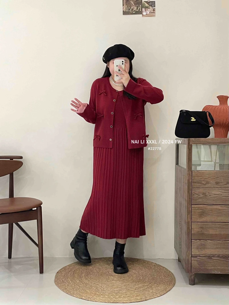 22778大码气质蝴蝶结针织套装2024冬开衫内搭连衣裙两件套纯色潮