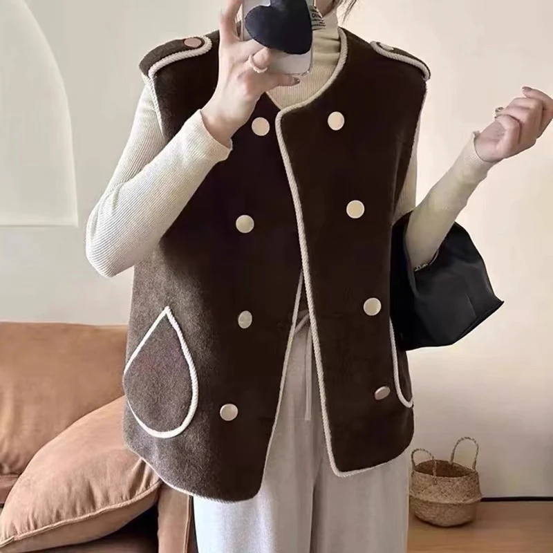 【红姐大码】24160羊羔毛马甲女短款秋冬百搭休闲气质双排扣马夹