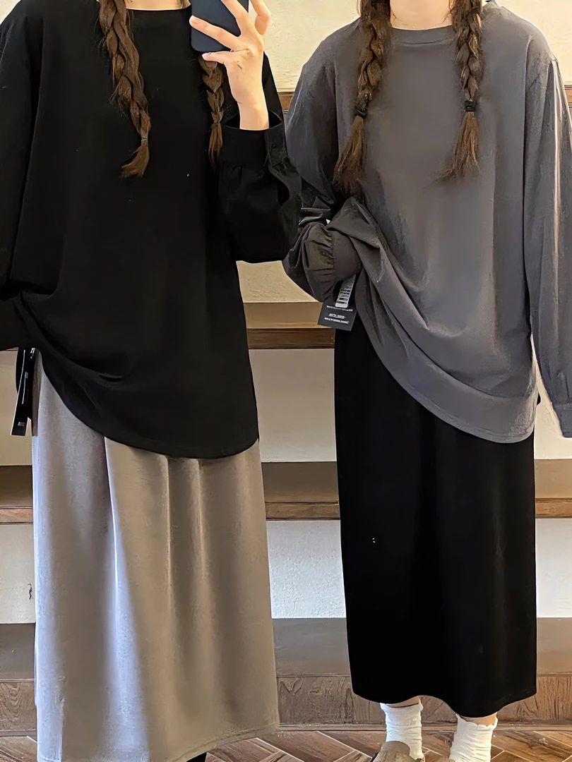 30631长袖纯色圆领T恤春季新款宽松内搭打底衫中长款磨毛上衣潮