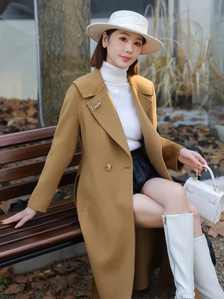 双面长款气质百搭修身羊毛大衣秋冬外套系带气质西装领大衣女