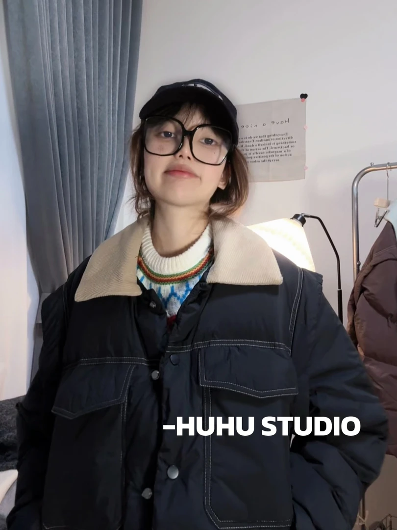 huhu冬季Polo领灯芯绒拼色外套韩版