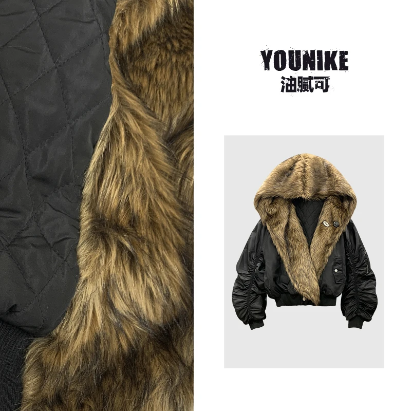 油腻可 欧美风秋冬大毛领棉服外套女宽松保暖毛毛翻领连帽棉衣