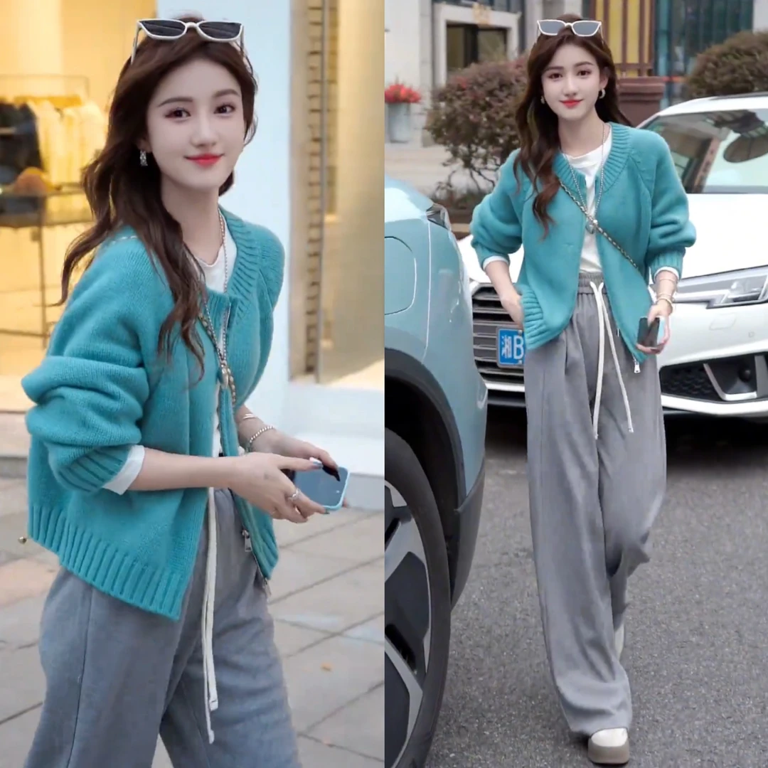 净版纯色多巴胺拉链长袖毛衣+圆领纯色长袖打底上衣+显瘦休闲裤