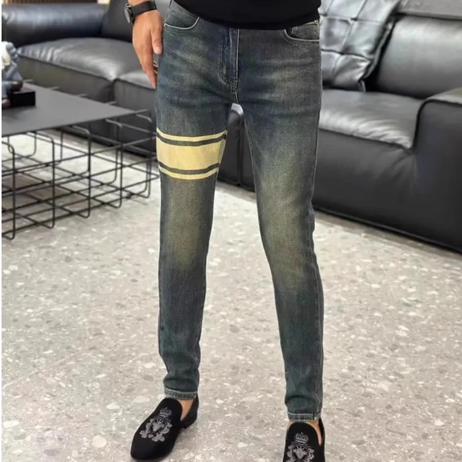 2024秋冬款拼色牛仔裤男士潮流百搭休闲长裤网红同款条纹小脚裤
