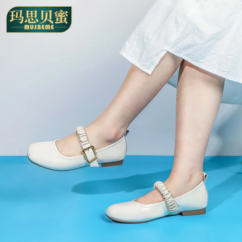 3955玛思贝蜜春季白色浅口中跟真皮单鞋女低跟软底舒适平底春秋
