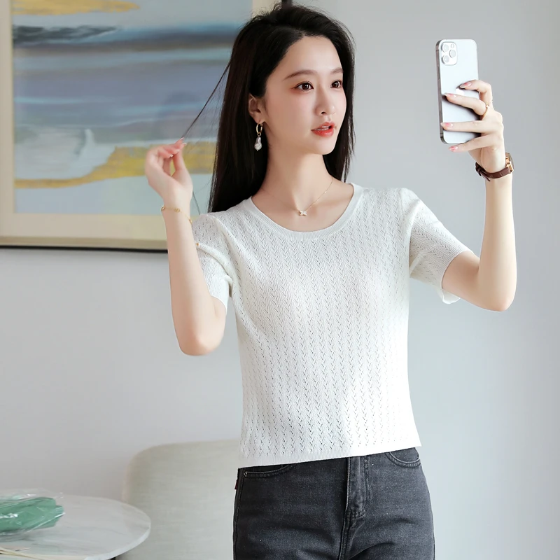 小个子短款镂空上衣女洋气薄款针织小衫2025新款夏季女款冰丝T恤