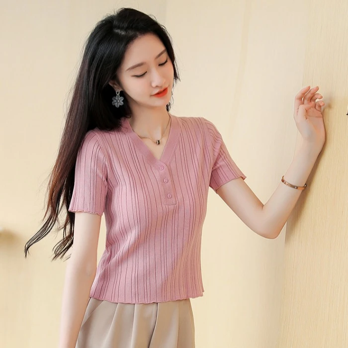 春夏短袖上衣女V领半袖夏季短款小衫修身洋气薄款冰丝打底针织衫