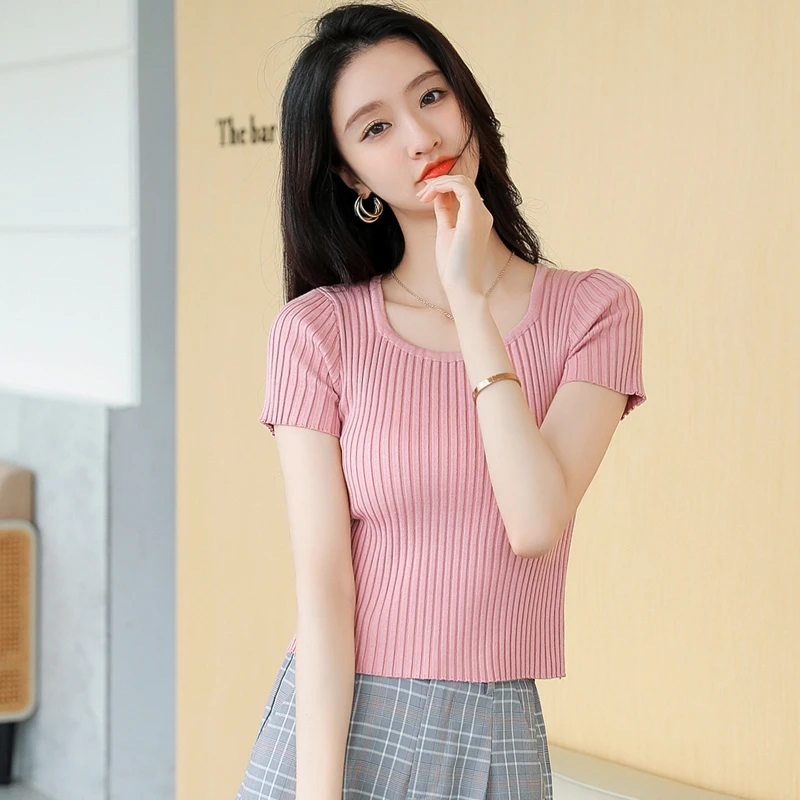 2023新款爆款打底衫方领短袖针织T恤女款夏季短款修身上衣女ins潮