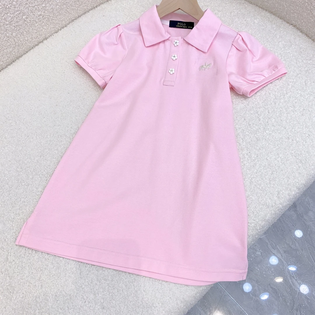 夏季女童连衣裙休闲polo泡泡袖翻领精致粉色显白娇嫩女孩儿童裙子