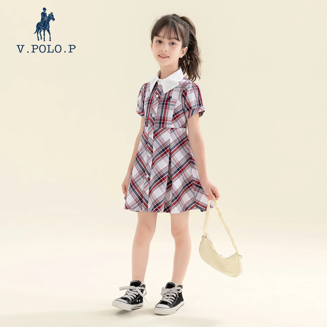 翻领格子连衣裙中大童女宝夏季学院风洋气时尚女童气质连衣裙
