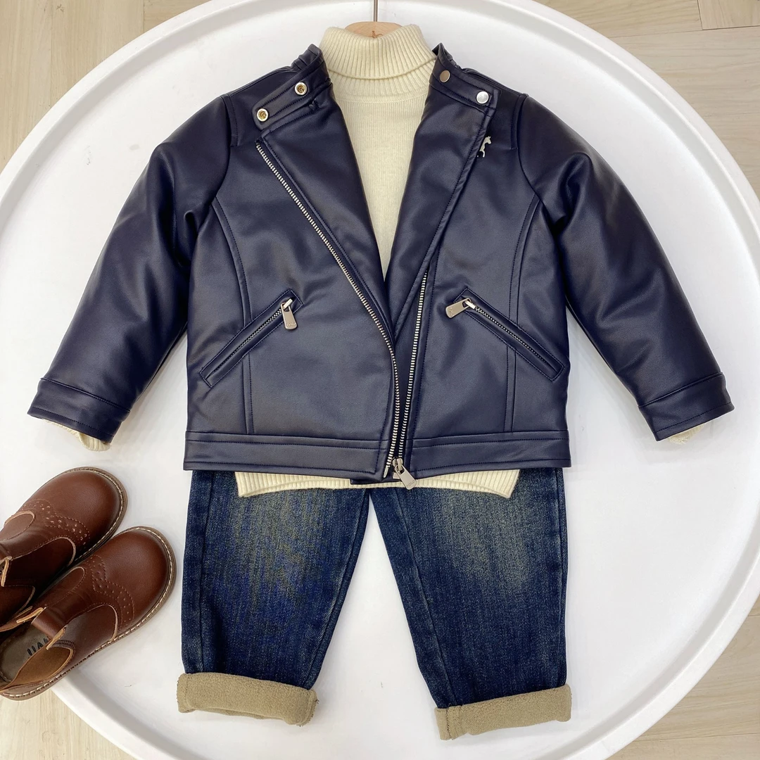 冬季新款中大童羽绒皮衣洋气百搭柔软舒适保暖拉链式皮衣外套