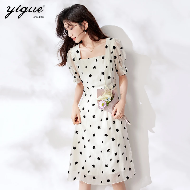 亦谷法式植绒面料连衣裙夏季新款复古风方领撞色印花裙子G3SAL644