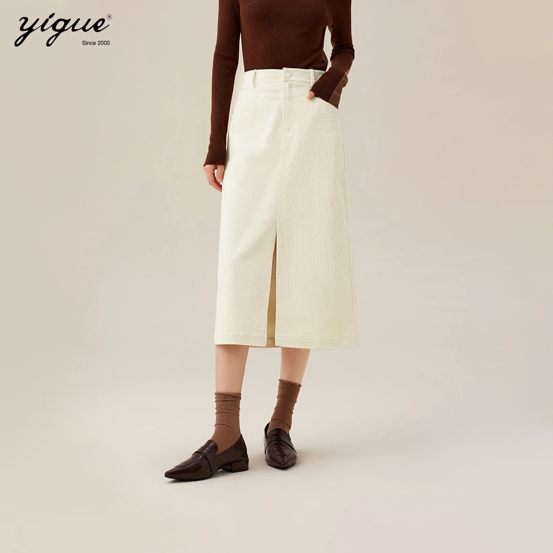 亦谷灯芯绒厚款半身裙冬新款高腰设计感开衩白色气质裙子G3WAR235