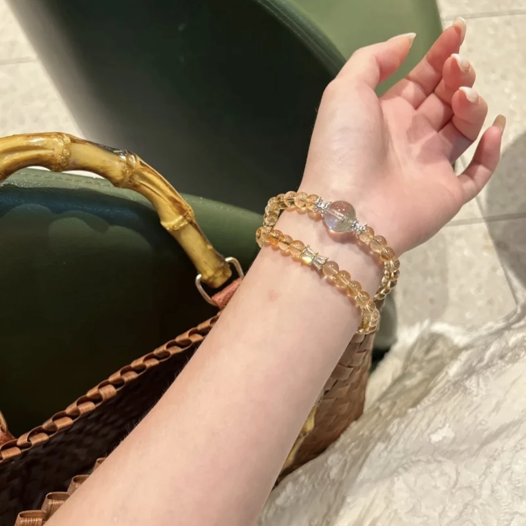 黄水晶碎冰冰黄阿塞双圈手链女暴富招财金发晶手串小众轻奢送女友