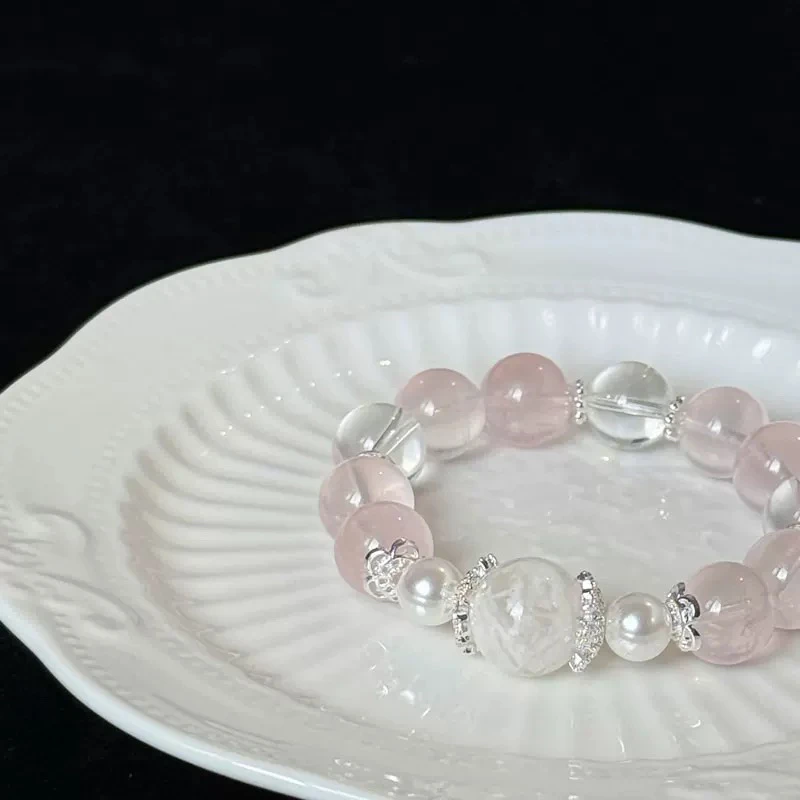 雪花幽灵天然粉水晶手链大珠子招桃花招贵人缘白水晶手串女生礼物