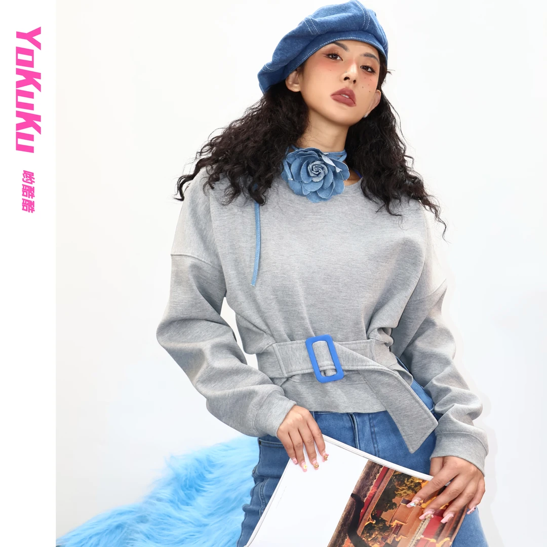 哟酷酷（蓝色傍晚）简约时尚加厚加绒中高腰蝙蝠袖撞色腰扣保暖卫衣