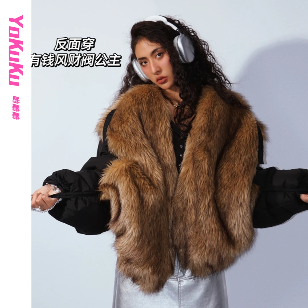 哟酷酷秀场街头怪诞廓形环保棉服大翻领茧型保暖夹克百搭加厚外套