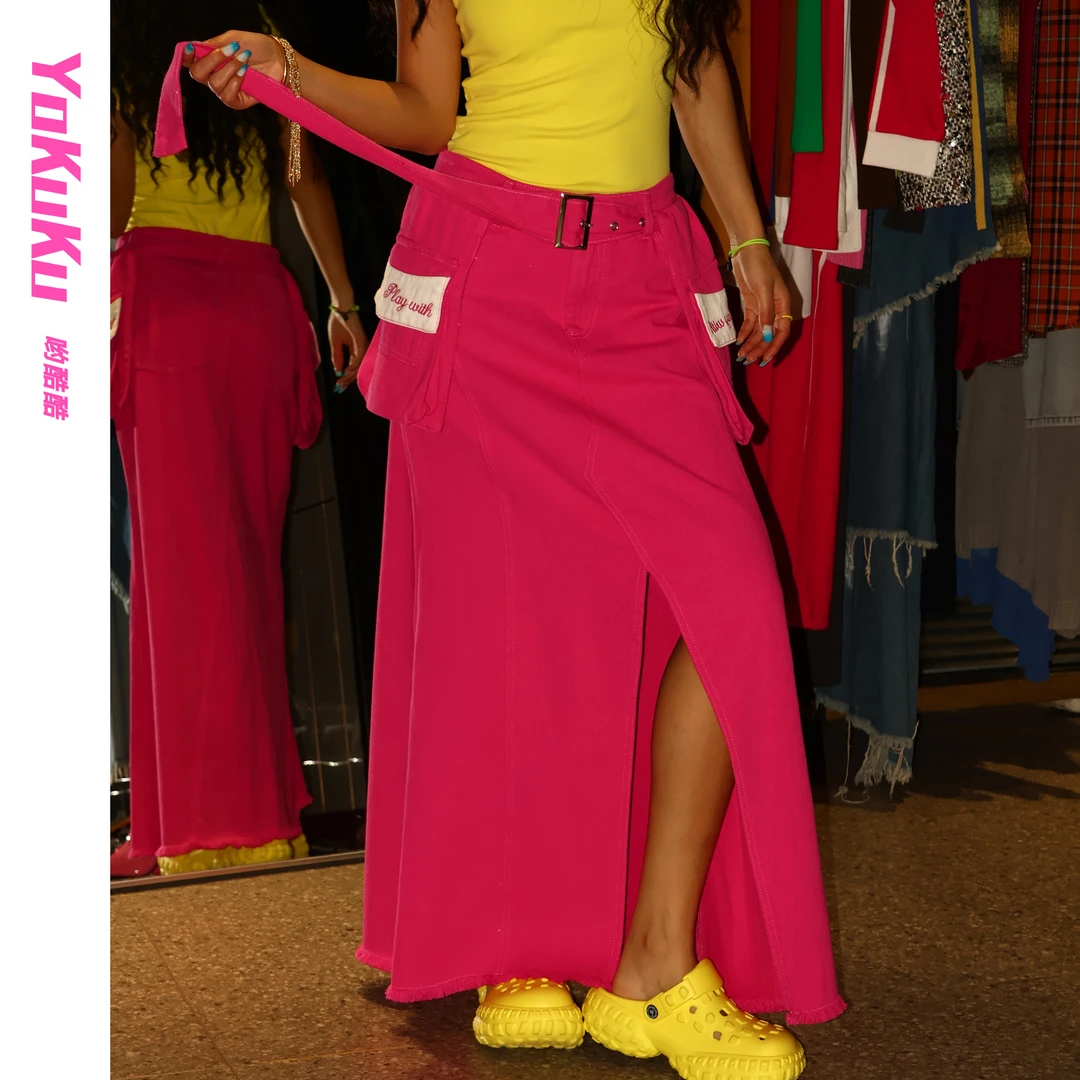 哟酷酷（创造力）中高腰开叉两侧带兜女装半身裙工装毛边显瘦半身裙