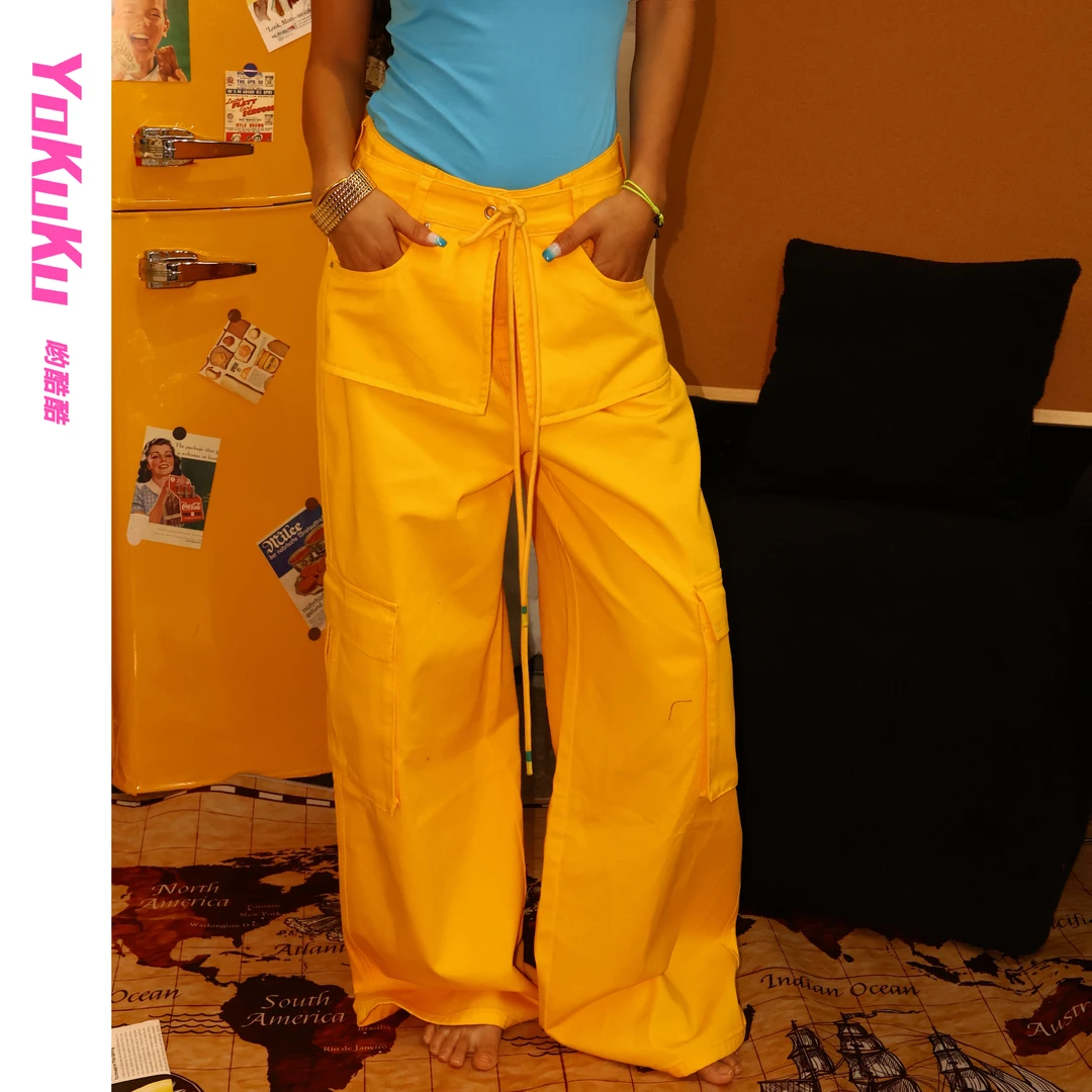 哟酷酷（向阳而生）美式街头阔腿裤假两件中高腰绑带百搭休闲工装裤