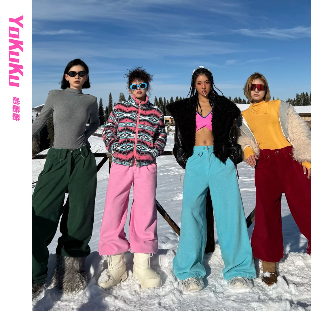 哟酷酷（慕斯云朵）美式粒绒中低腰脚口抽绳百搭休闲保暖加厚直筒裤