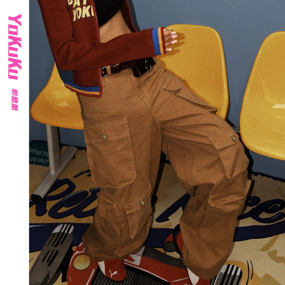 哟酷酷（流浪市民）春秋女款剪裁工装裤美式复古高街户外运动休闲